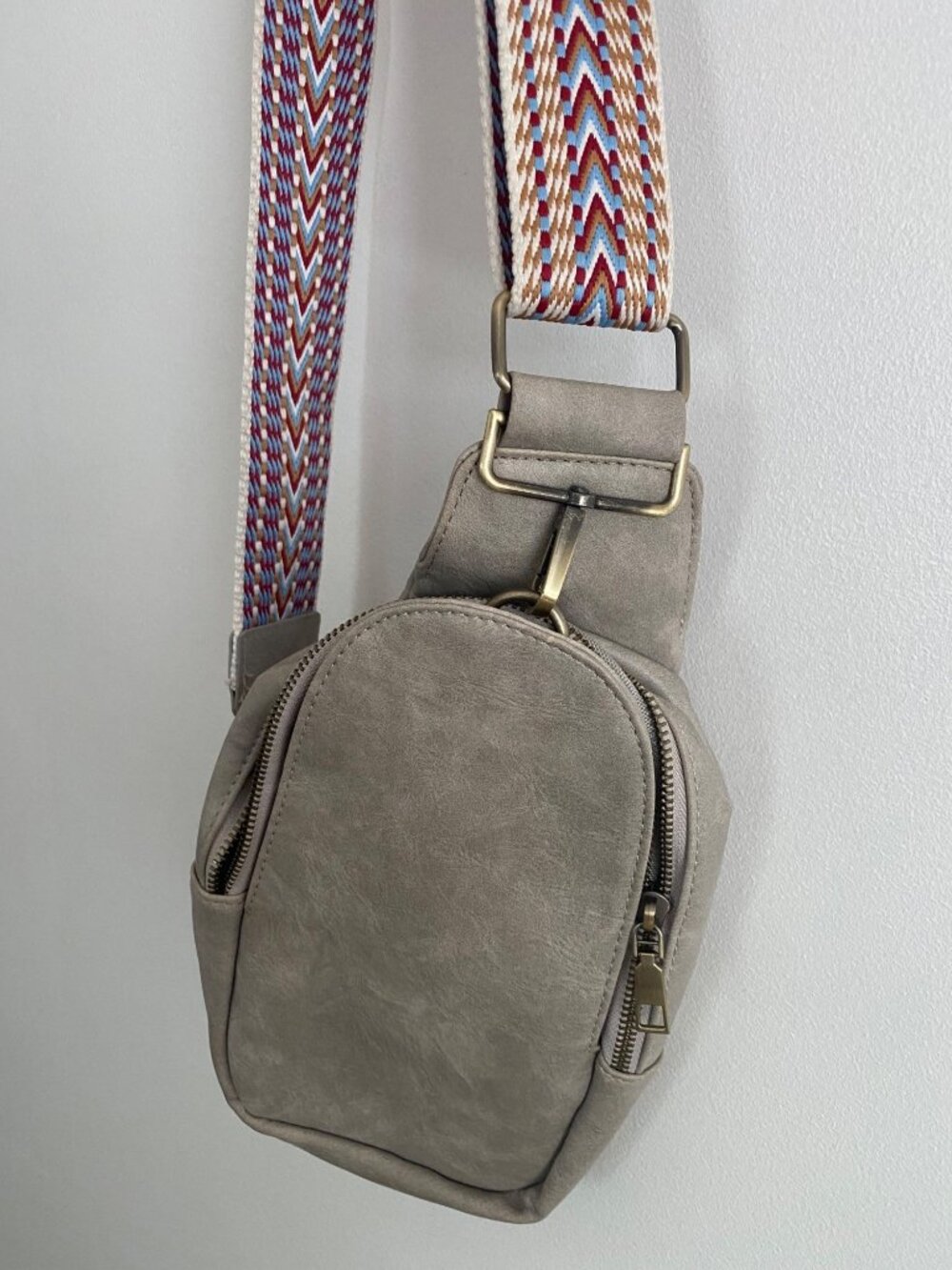 Gray Faux Leather Sling Bag With Multicolor Adjustable Guitar Strap